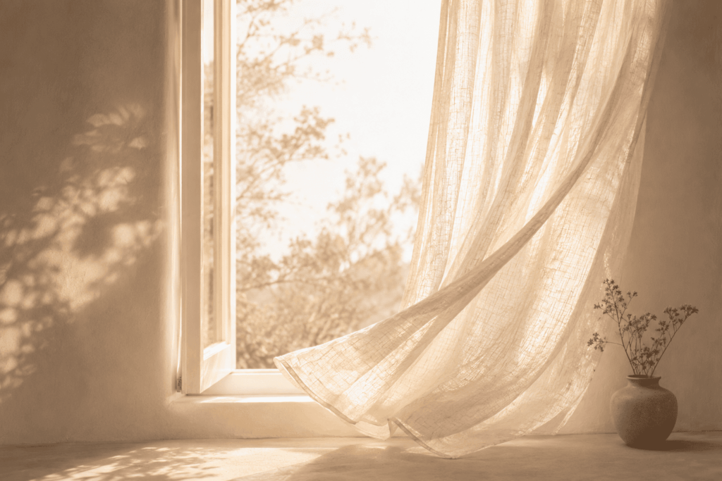 Offenes Fenster mit Vorhang für Loslassen, Nervensystem-Regulation und emotionale Entlastung bei Frauen