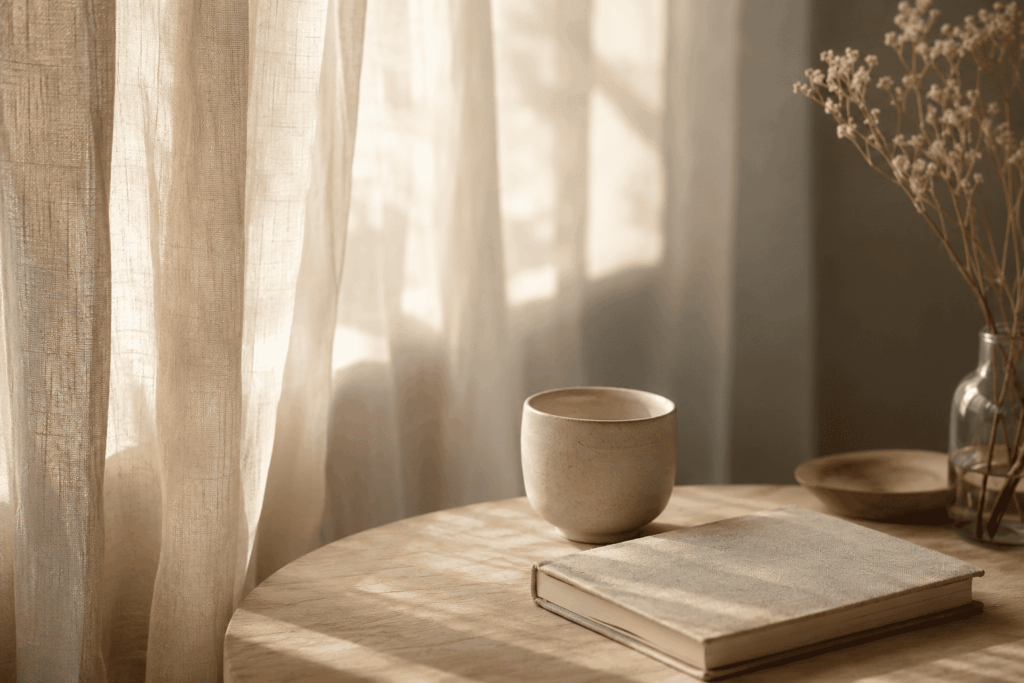 Ruhige Szene mit Tasse, Buch und warmem Licht als Symbol für Wahrnehmen, innere Ruhe und Selbstverbindung